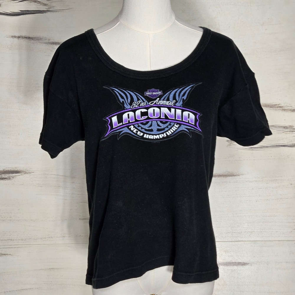 Harley Davidson Laconia New Hampshire Graphic T-Shirt Womens Black Casual L-XL